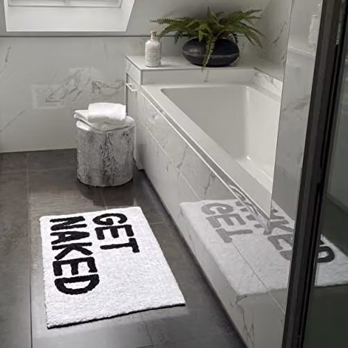 Mooky Mats Get Naked Non-Slip Tufted Slogan Bath Mat, White and Black, W: 80 cm, D: 50 cm – 3