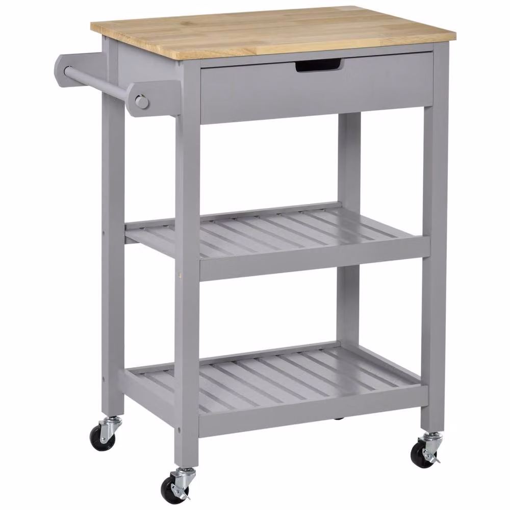 Wyld Haus Vena Grey Kitchen Trolley with Natural Rubberwood Worktop, Drawers and Shelves – 2