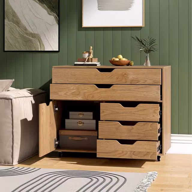 COSTWAY Mobile Chest of Drawers in Brown Wood with Castors