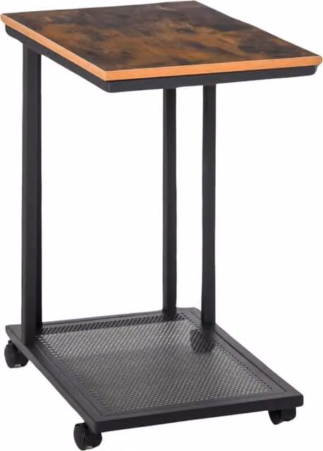 Pirlo Plush Industrial C Shaped Side Table with Mesh Shelf and Castors, Brown