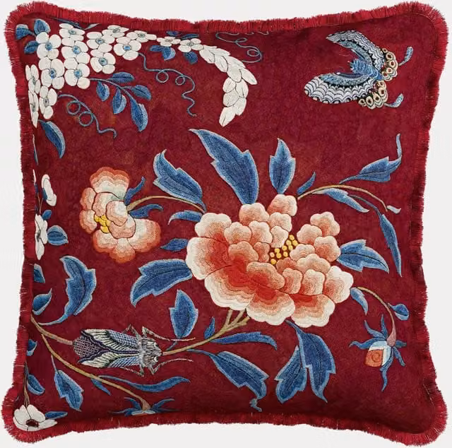 V&A Chinoiserie Charm Square Cotton Cushion in Red Mix Floral Design