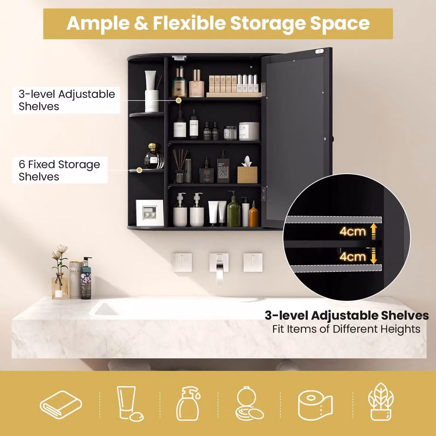 Gymax Black Mirrored Wall Mounted Medicine Cabinet with Adjustable Internal Shelves and Hinged Glass Doors – 4