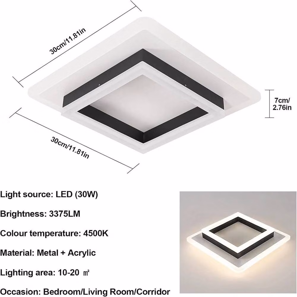 EONLION Modern Square LED Ceiling Light, 30W, 4500K, Black – 2