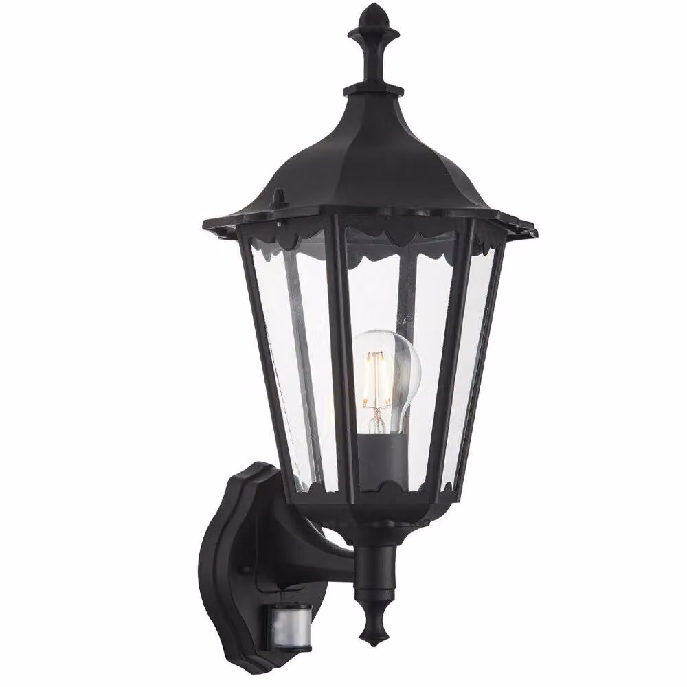 Loops 2 Pack Traditional Outdoor Wall Lanterns in Matt Black and Glass with PIR Motion Sensor, Dusk Sensor and Timer, IP44 Rated, H 23.5 cm x W 13.5 cm x D 13.5 cm – 2