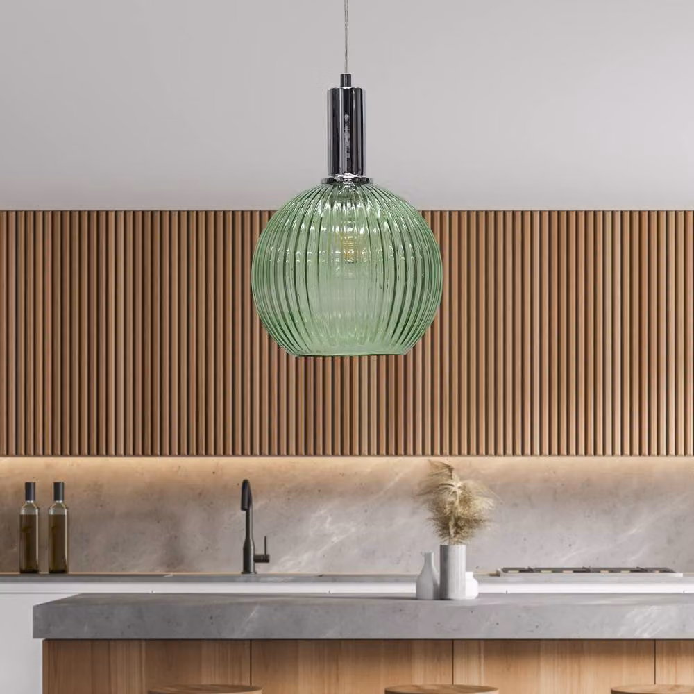 First Choice Lighting Betchley Art Deco Green Ribbed Glass Sphere Pendant Fitting in Chrome – 2