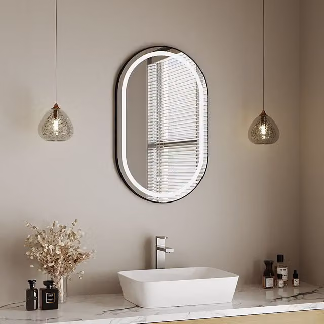 Livingandhome Oval LED Wall Mounted Bathroom Mirror in Silver and Black with Dimmable Lighting