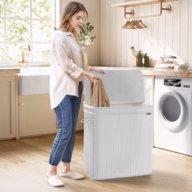 SONGMICS Extra Large Bamboo Laundry Hamper with Lid and Removable Washable Bag in White