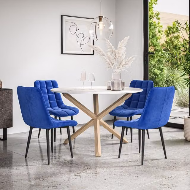 More4Homes Malvern Round Dining Table and 4 Blue Nova Velvet Chairs Set with White Marble Top and Solid Oak Legs, Diameter: 120 cm, Height: 75 cm – 1