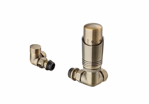 Terma Cylindrical Thermostatic TRV and Lockshield Set with 3-Axis Corner Valve in Antique Brass
