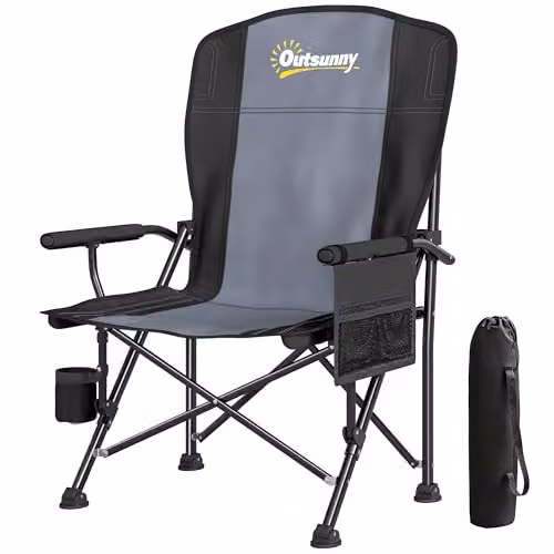Outsunny Padded Folding Camping Chair for Adults in Black with Armrests and Cup Holders