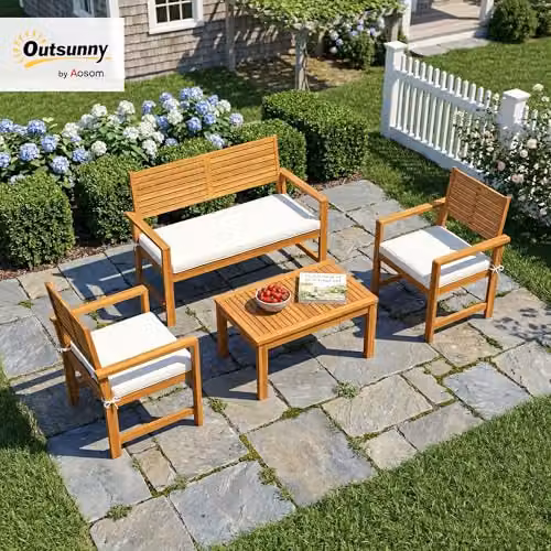 Outsunny 4 Seater Acacia Wood Garden Furniture Set with White Cushions – 2
