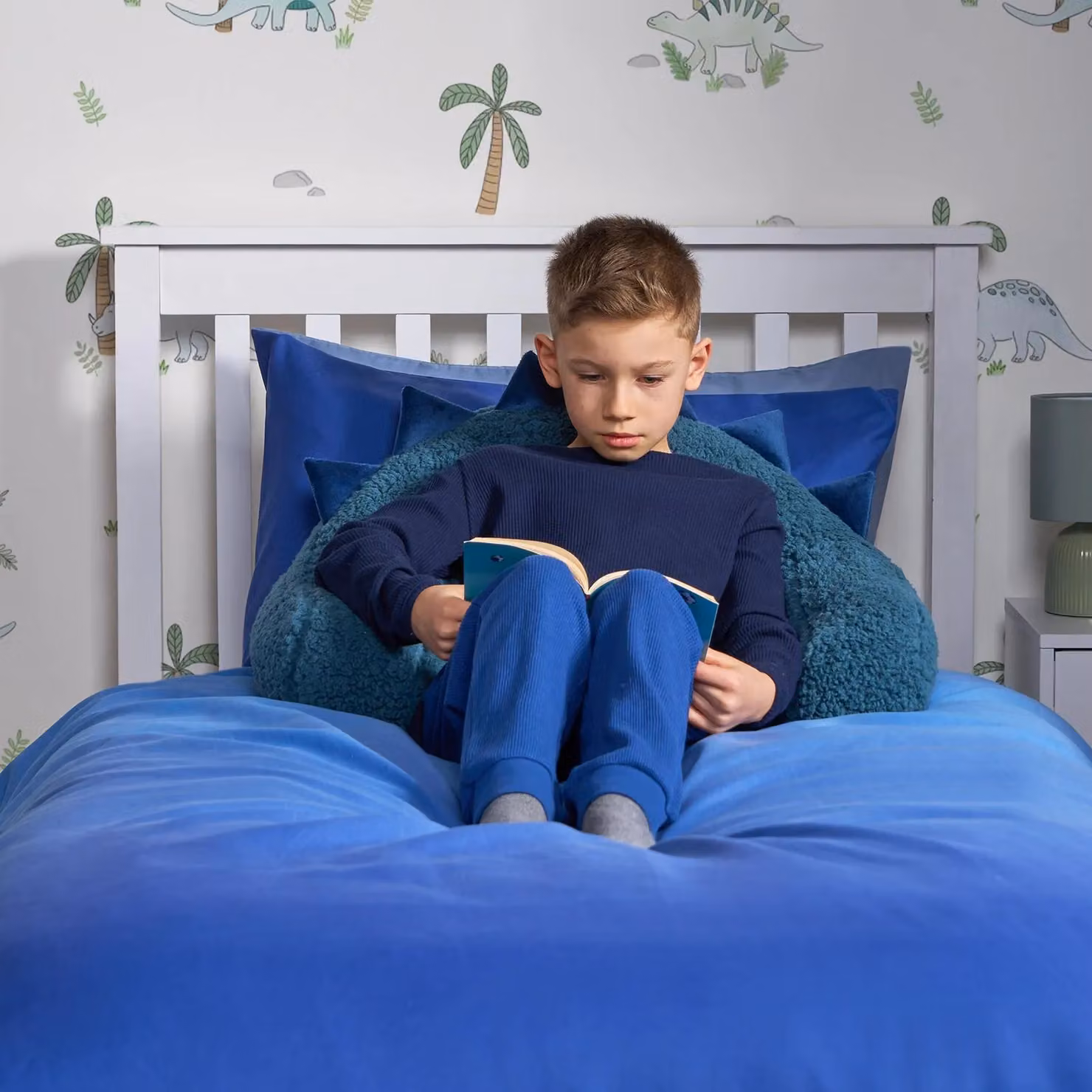 OHS Dinosaur Cuddle Cushion for Kids in Blue, Soft Fleece Back Support Reading Pillow, W/D/H: 45 x 40 x 30 cm – 5