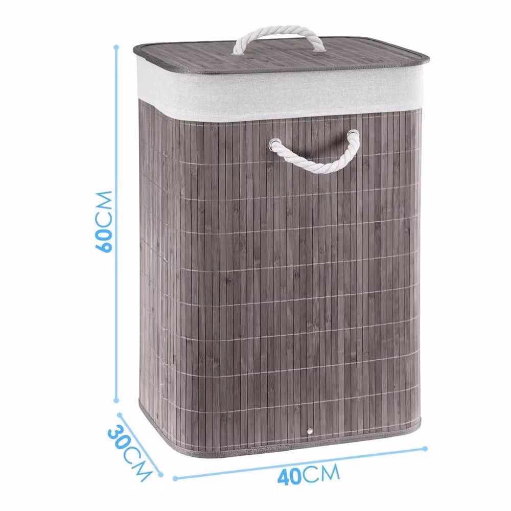 KORVIXA Bamboo Laundry Basket with Lid and Removable Bag in Grey, W/D/H: 100 x 100 x 60 cm – 2