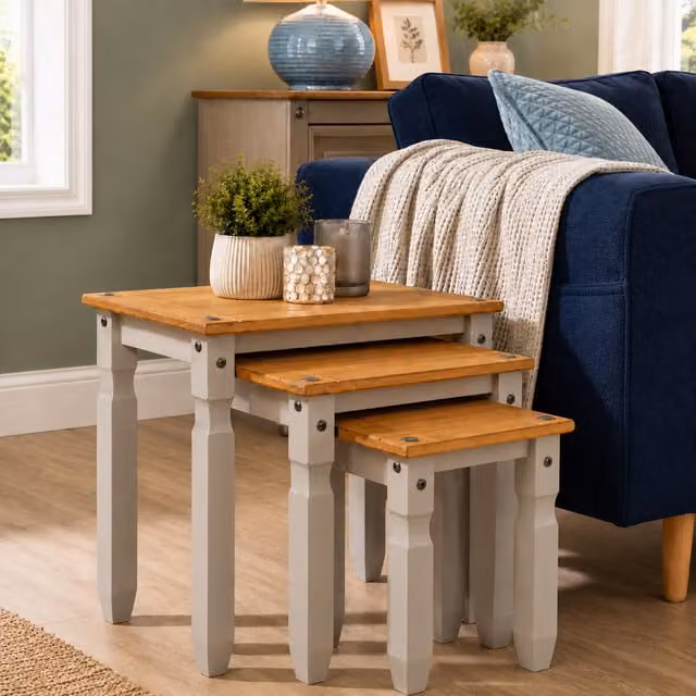 Mews Corona Nest of Tables in Grey Pine Wood