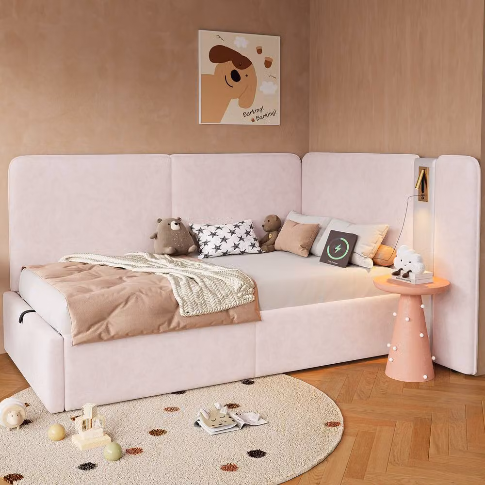 Matteo Pink Velvet Single Daybed with Hydraulic Storage, USB Charging Port and Integrated Reading Light, W/D/H: 90 x 190 x 136 cm – 2