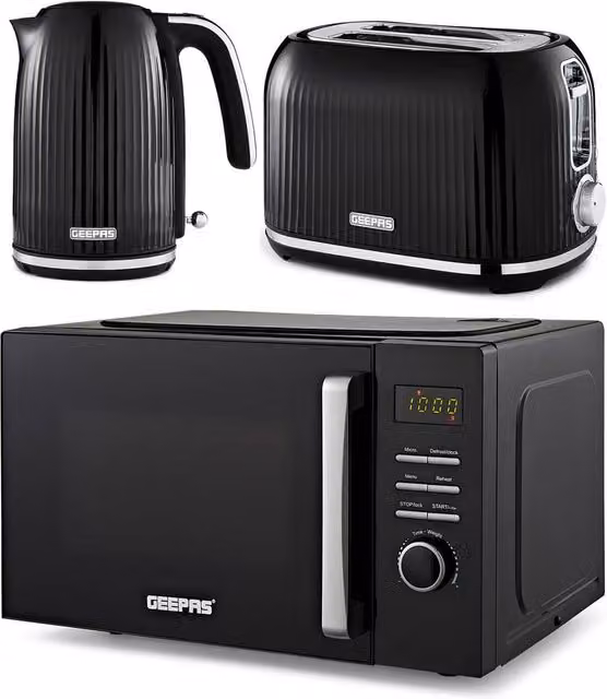 Geepas Black Fluted Kettle, Toaster and 23L Digital Microwave Oven Set – 1