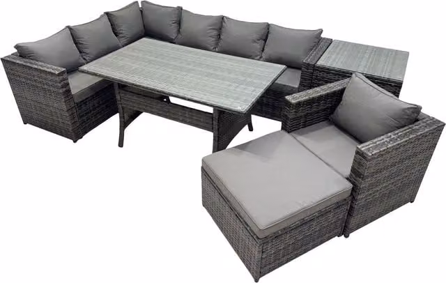 Fimous 8-Seater Outdoor PE Rattan Sofa and Dining Set with Tempered Glass Table in Dark Grey Mixed