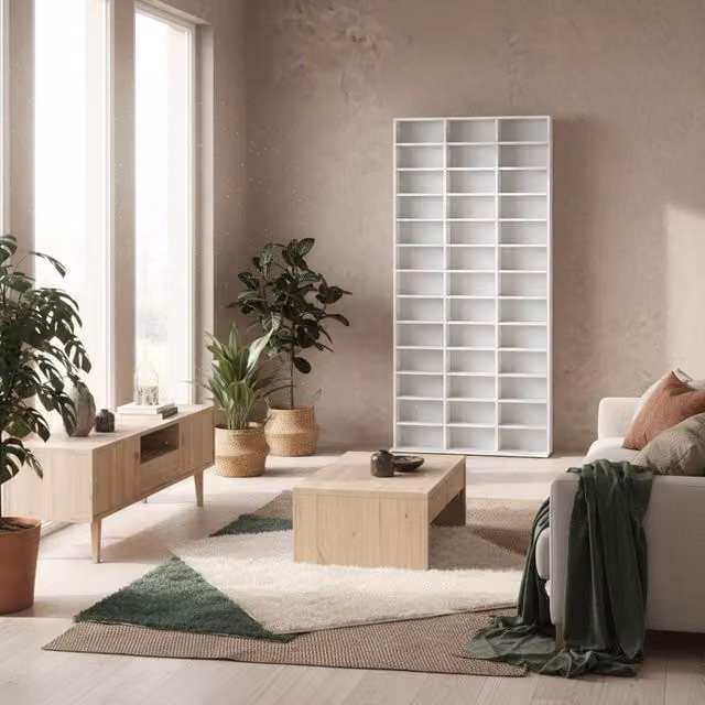Wyld Haus Somole Tano Marble Effect Adjustable CD Storage Cabinet, White and Multicolour, W: 102 cm, H: 195 cm, D: 23.5 cm – 1