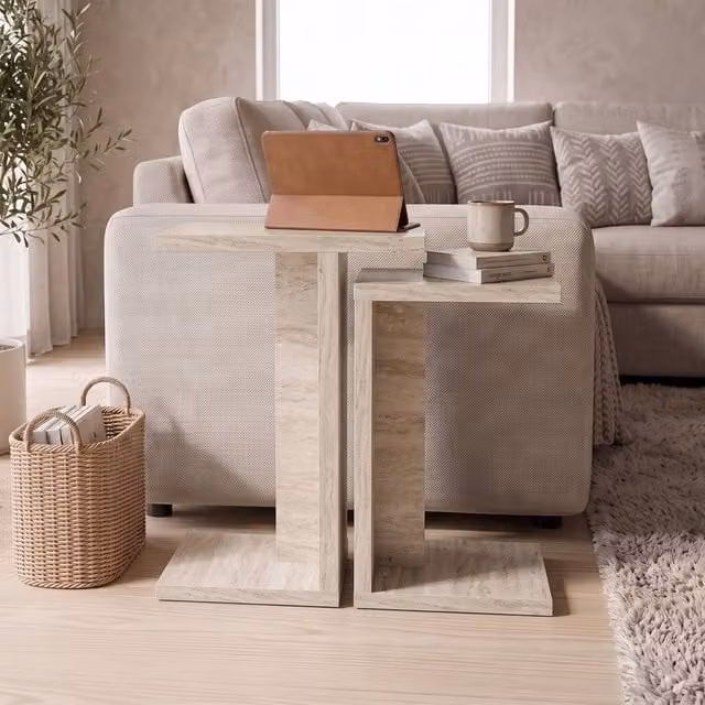 Decortie Nero Set of 2 C Shaped Sofa Side Tables in Stone – 1
