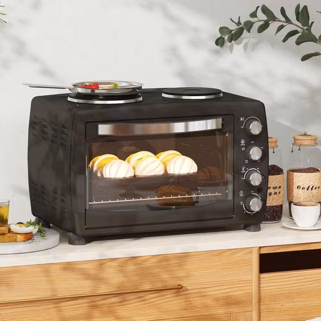 HOMCOM 36L Countertop Toaster Oven with 2 Hot Plates, Grill, Roast, Bake and Timer in Black, W/D/H: 54 x 35.5 x 35.5 cm