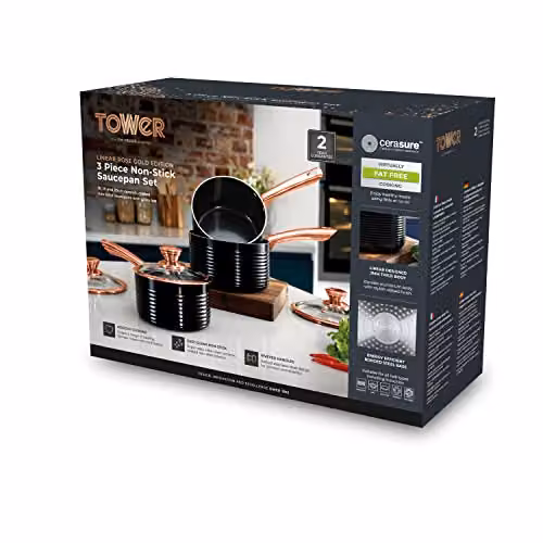 Tower 3 Piece Ceramic Non Stick Saucepan Set with Lids, Black and Gold – 7