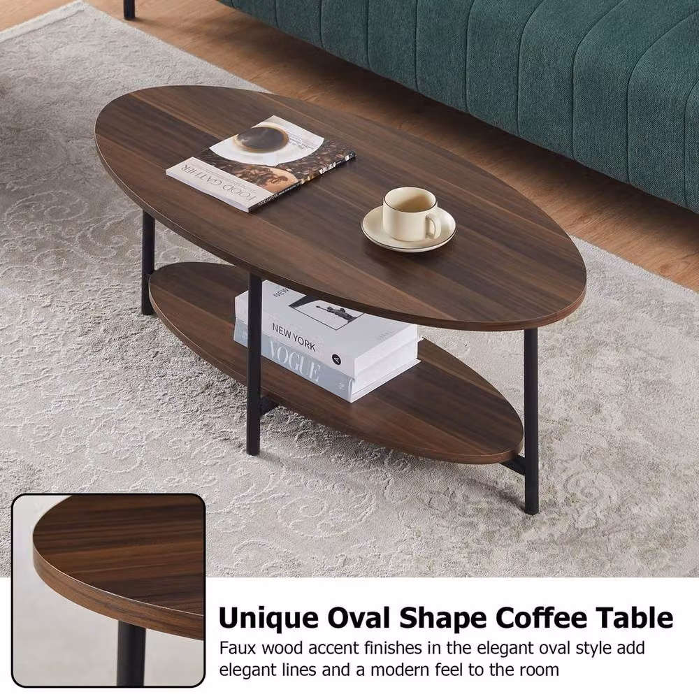 FORGEVIO Brown Oval 2 Tier Wood and Metal Coffee Table with Adjustable Foot Pads – 4