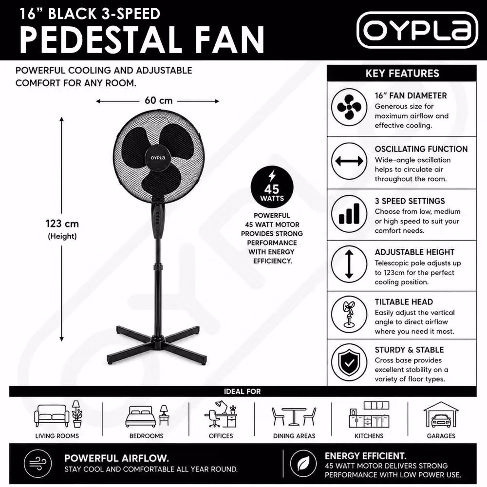 Oypla 16 inch Electric Oscillating Pedestal Fan in Black – 2