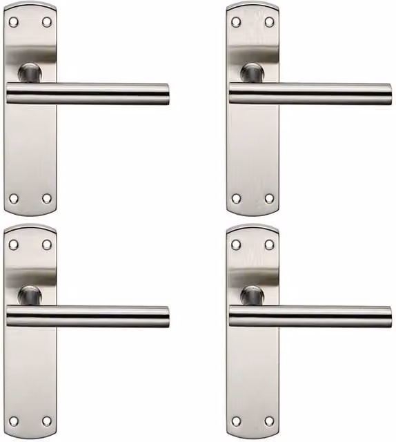 Loops 4x Mitred T Bar Lever Door Handles with Latch Backplate, Satin Brushed Stainless Steel, Silver, W: 17.2 cm, H: 4.4 cm