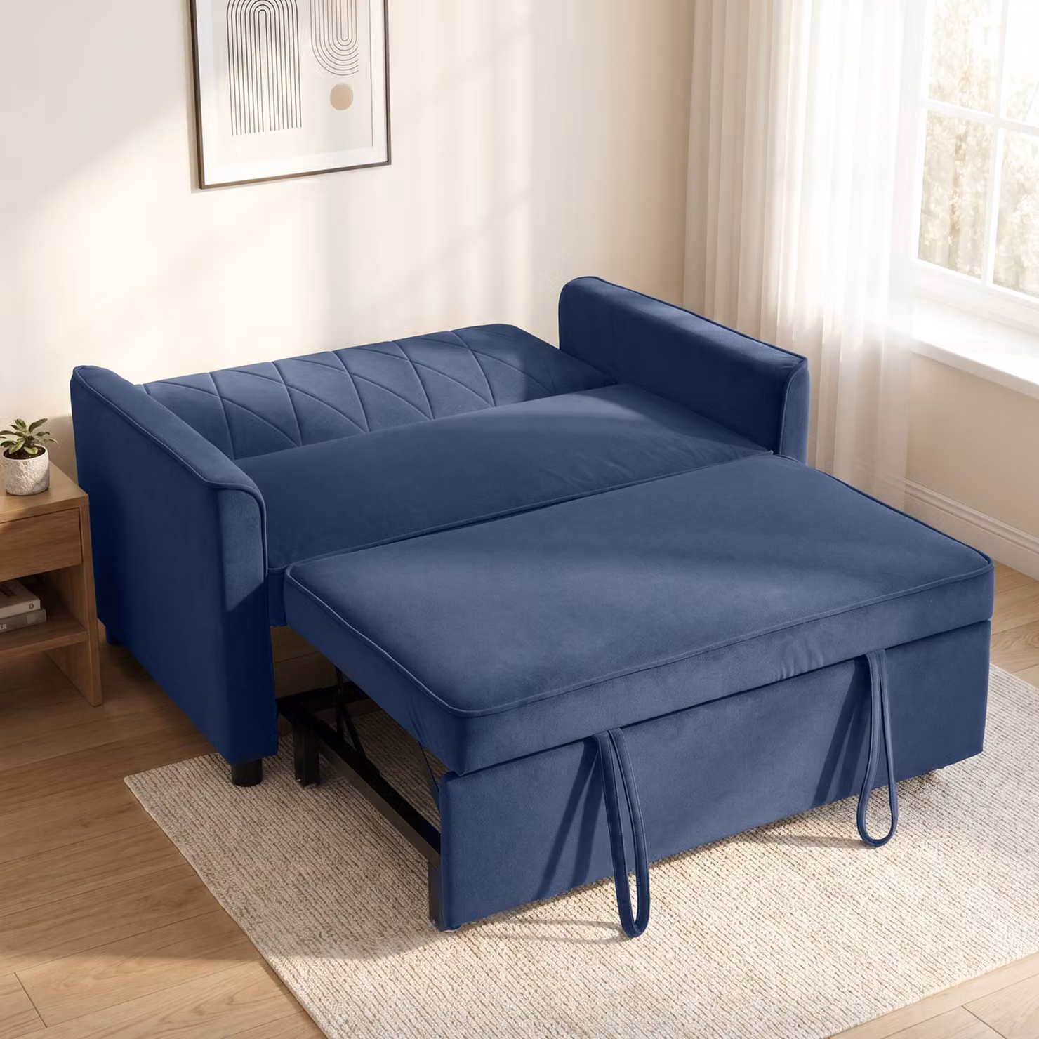HOMCOM 2 Seater Convertible Sofa Bed with Click-Clack Adjustable Backrest, Blue Velvet Upholstery – 8