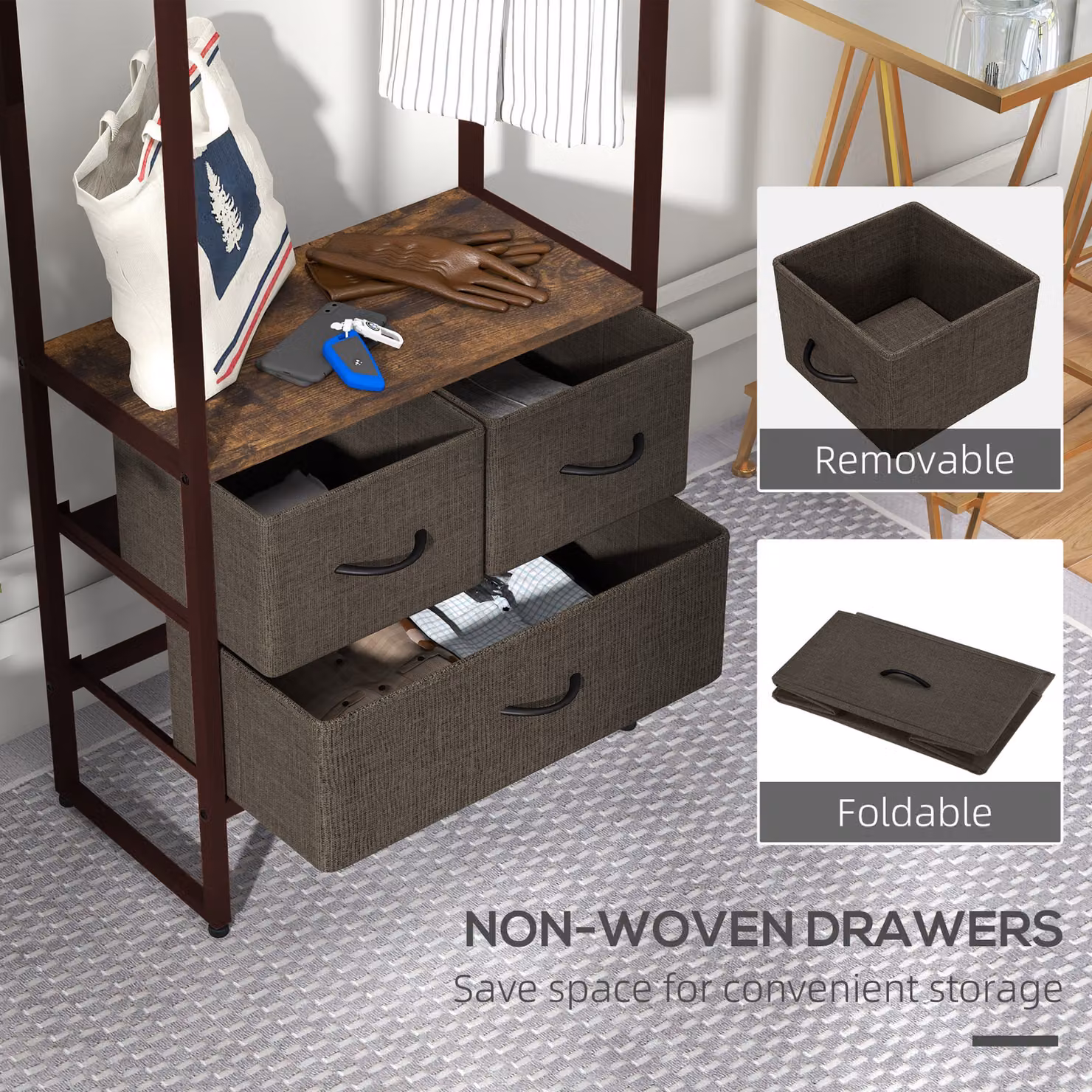 HOMCOM Rustic Free Standing Clothes Rail with 3 Fabric Drawers and Storage Shelves – 5