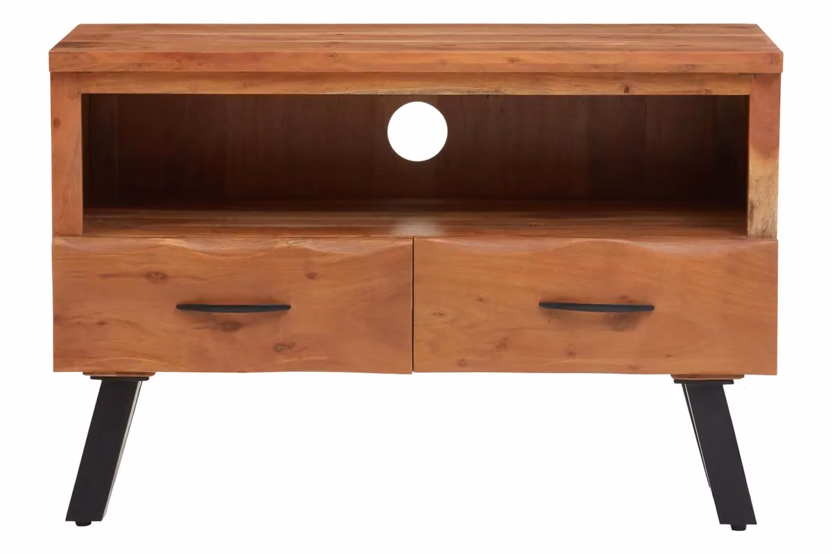 Orsina Two-Drawer Acacia Wood Media Unit with Open Shelf and Iron Legs, Black and Brown, W/D/H: 90 x 40 x 60 cm – 4