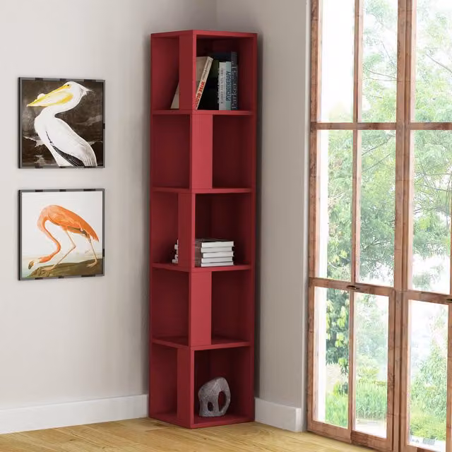 Decortie Modern 5-Tier Corner Bookcase Shelving Unit, Red, H 158.9 x W 31.4 x D 31.4 cm