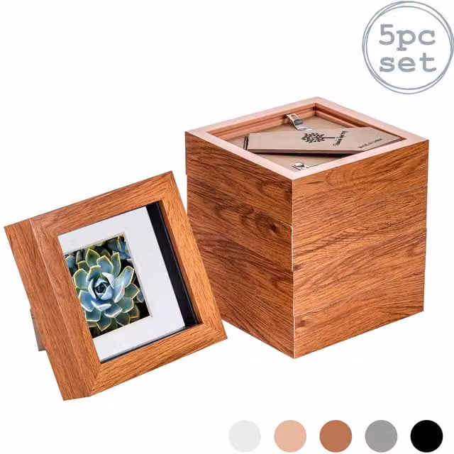 Nicola Spring Pack of 5 Square 3D Box Photo Frames in Brown and White with Glass and Wood Finish