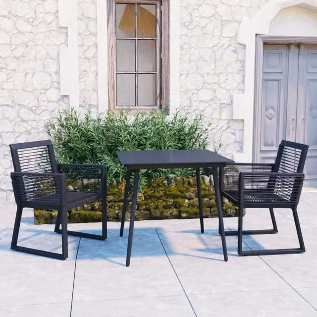 Berkfield Home 3 Piece Black PVC Rattan Outdoor Dining Set with Glass Top and Powder Coated Steel Frame – 1