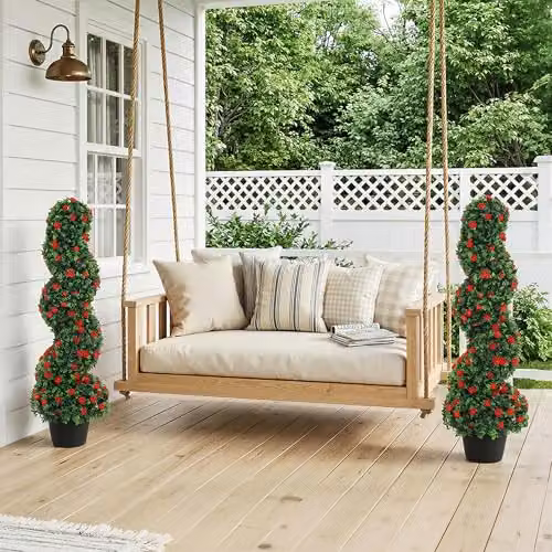 HOMCOM Set of 2 Red Artificial Rose Spiral Topiary Trees in Pots, Height: 90 cm – 8