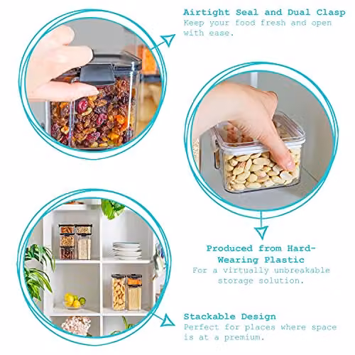 Argon Tableware 8 Piece Food Storage Container Set in Black and Transparent, BPA-Free Stackable Plastic Containers with Clip Lids – 5