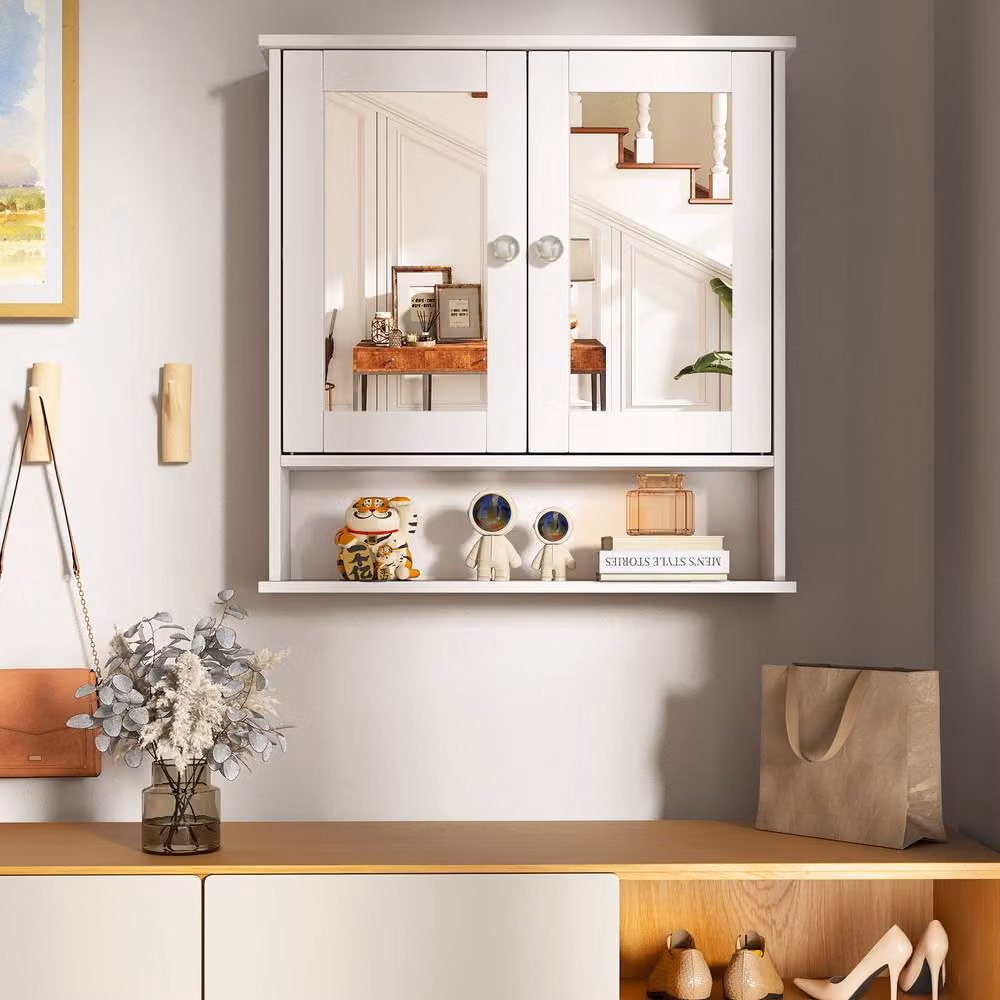 Costway White Wall-Mounted Bathroom Medicine Cabinet with Two Mirrored Glass Doors and Internal Shelves – 2