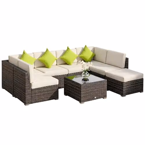 Outsunny 7-Seater L-Shape Rattan Garden Furniture Set with Upholstered Cushions, Ottoman and Coffee Table, Brown – 9