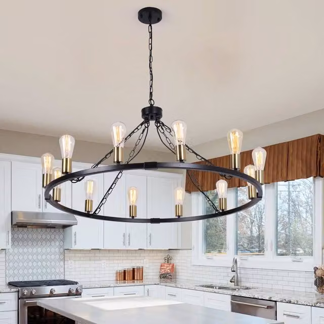 NIVOR Black Metal Waggon Wheel Chandelier, Adjustable 12-Light Industrial Pendant for Kitchen and Dining Rooms, E27