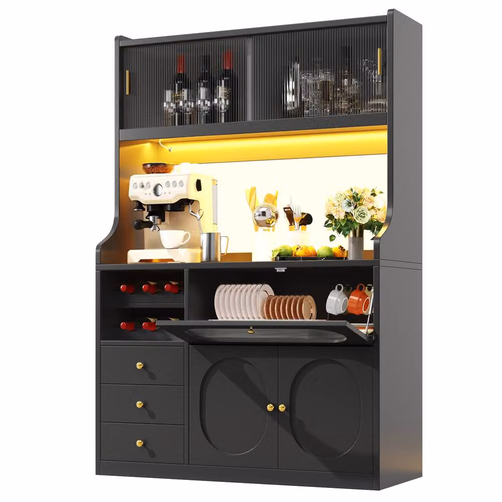 Merax Modern Black Kitchen Dresser with Integrated Lighting, Wine Rack and Glass Sliding Doors, H: 180 cm x W: 61 cm x D: 40 cm – 3