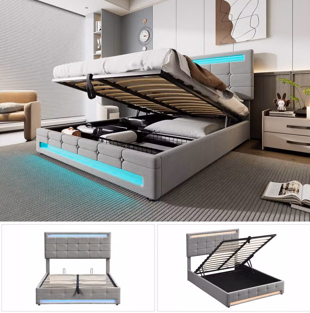 STILVORA Grey Velvet Upholstered Double Bed with Hydraulic Storage and LED Under-Bed Lighting, W/D/H: 140 x 200 x 135 cm – 6