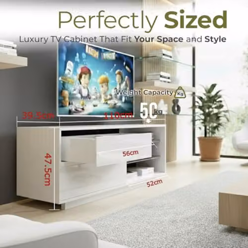 Centurion Gallus Gloss White TV Stand with 2 Drawers and 3 Shelves, W/D/H: 110 x 39.5 x 47.5 cm – 5