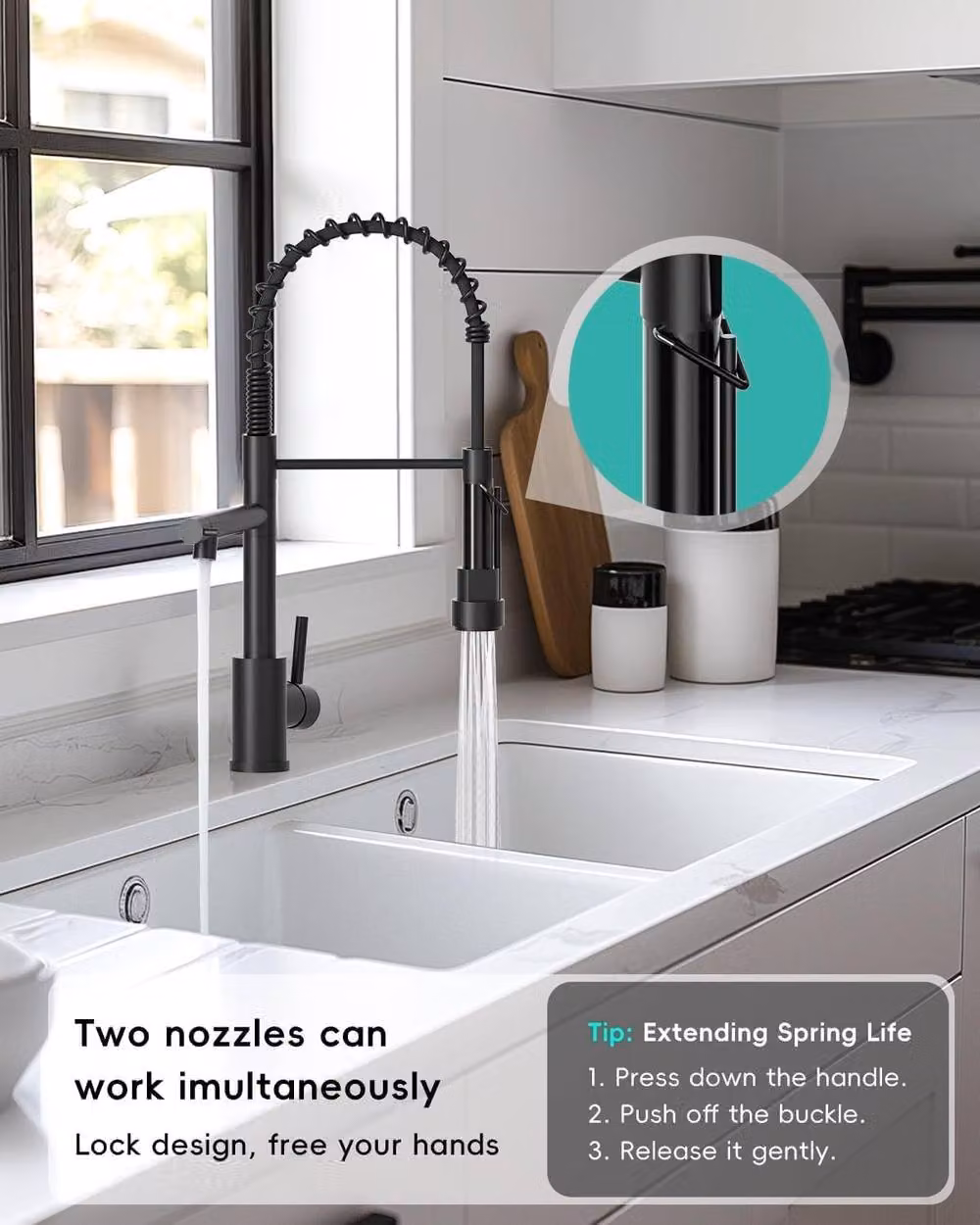 JANLEMNY Matt Black Dual Spout Pull-Down Kitchen Mixer Tap with Spray Function and Swivel Spout – 4