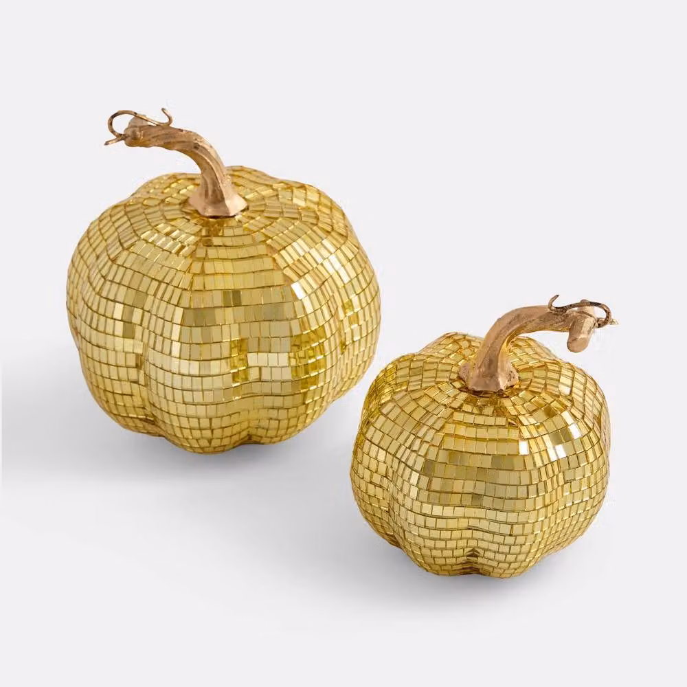 OHS 2 Pack Gold Halloween Pumpkin Disco Mirror Ball Freestanding Party Decor – 2