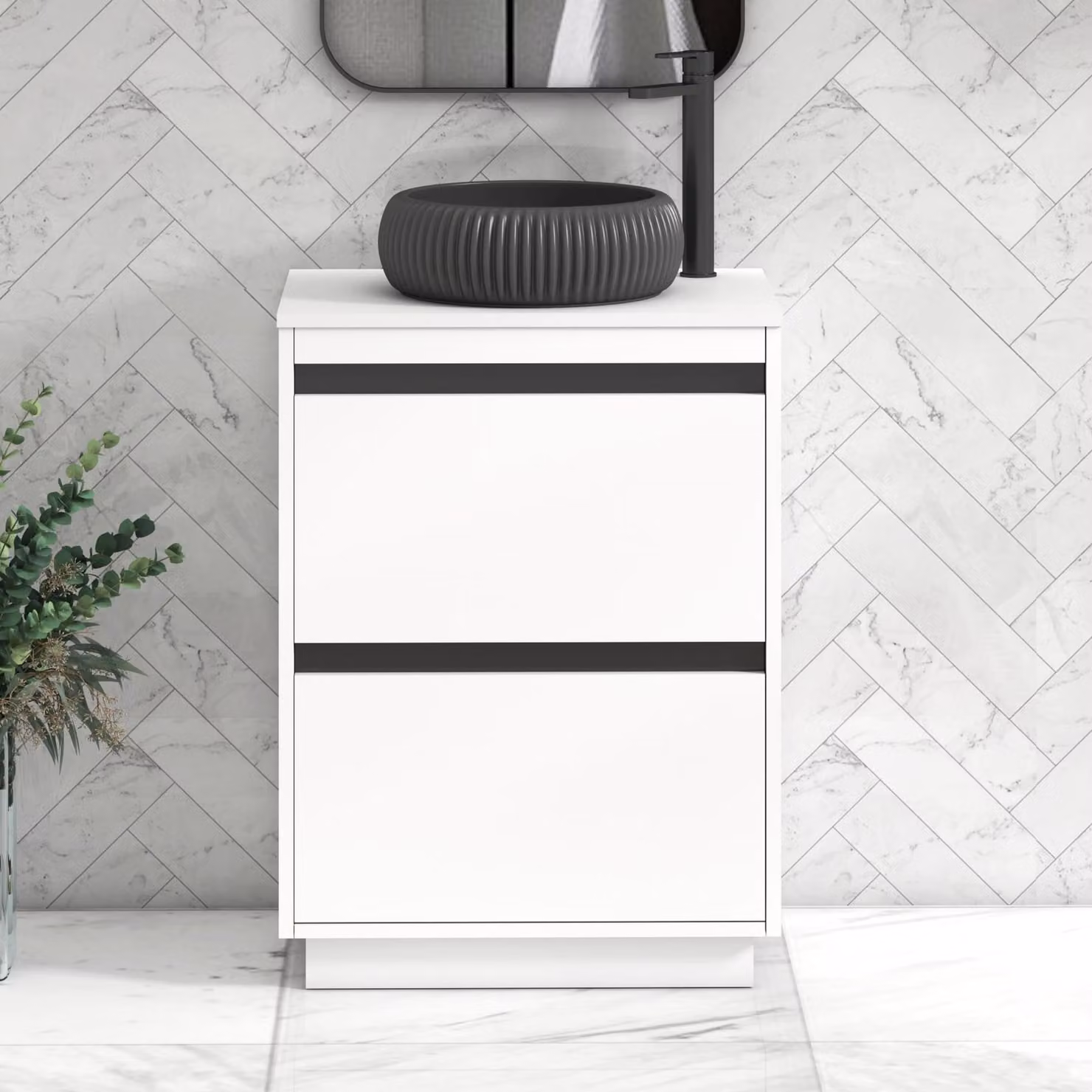 Royal Bathrooms Orion 600mm Matt White Floor Standing 2 Drawer Vanity Unit with Milan Black Basin and Black Accent Trim