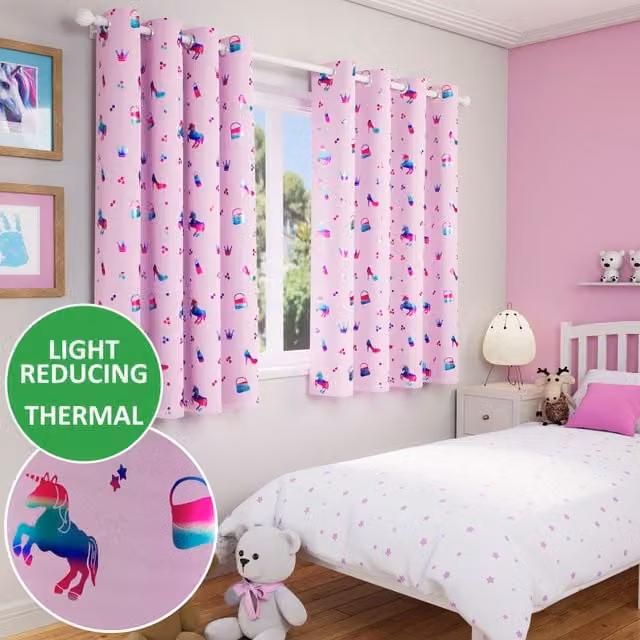 Enhanced Living Pink Kids Eyelet Curtains with Animal Graphic, Thermal Insulating and Room Darkening, Height: 183 cm