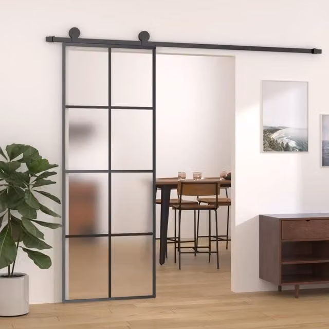 Berkfield Home Industrial Sliding Door with Hardware Set, Black ESG Glass and Aluminium, W: 76 cm, H: 205 cm
