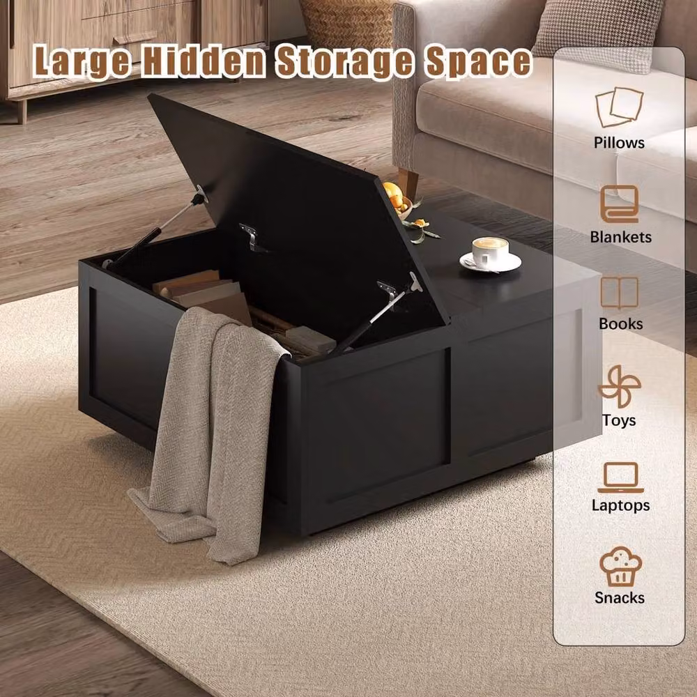 Pawnora Black Modern Lift Top Coffee Table with Storage and Glass Top – 5