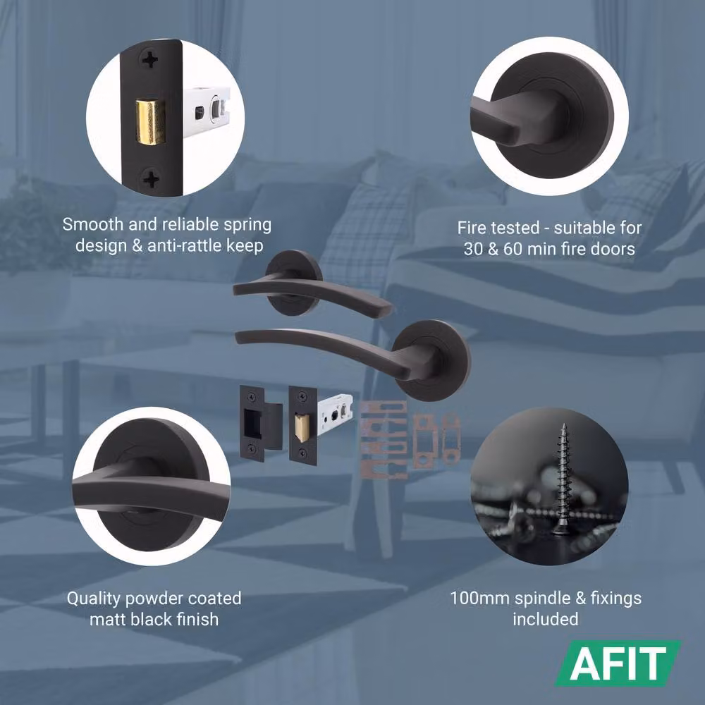 AFIT Matt Black Aluminium Fire Door Handle and Rosette Latch Set, 4 Pack – 3