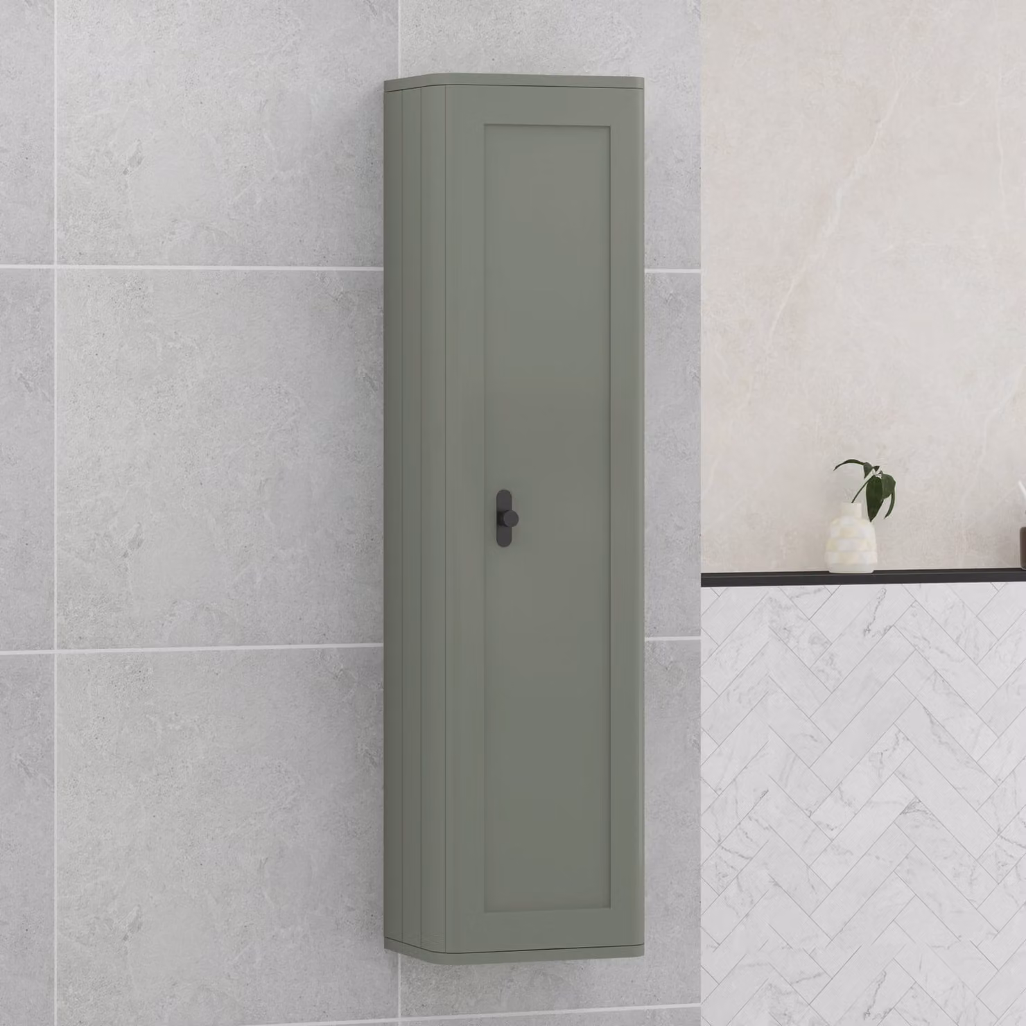 Royal Bathrooms Henley Wall Hung Tall Boy Cabinet Unit in Sage Green with Matt Black Knob, Height: 139 cm